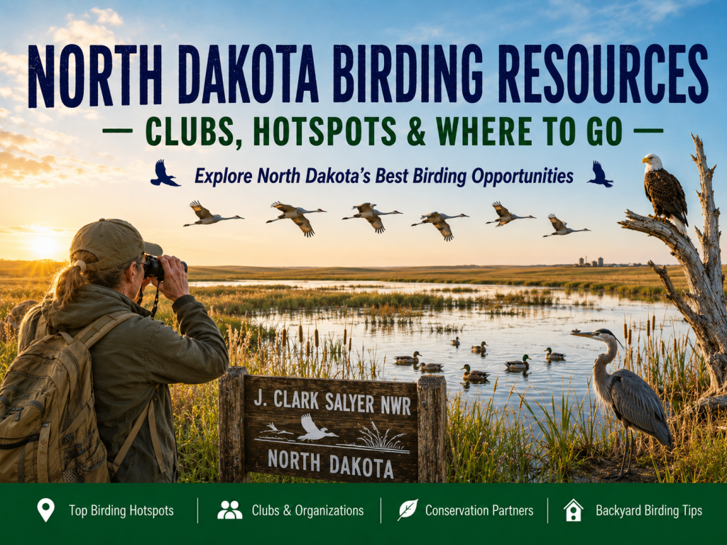 Birder scanning wetlands at J. Clark Salyer National Wildlife Refuge in North Dakota with a Bald Eagle, Great Blue Heron, Mallards, and Sandhill Cranes flying overhead