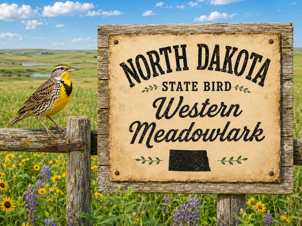 Western Meadowlark perched beside a rustic North Dakota State Bird sign in a bright prairie grassland setting