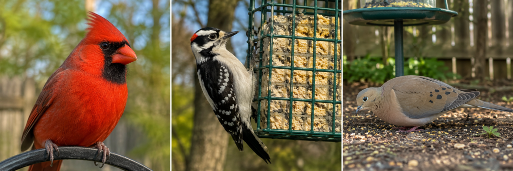 male Northern Cardinal, Downy Woodpecker, and Mourning Dove shown side by side in backyard feeder settings