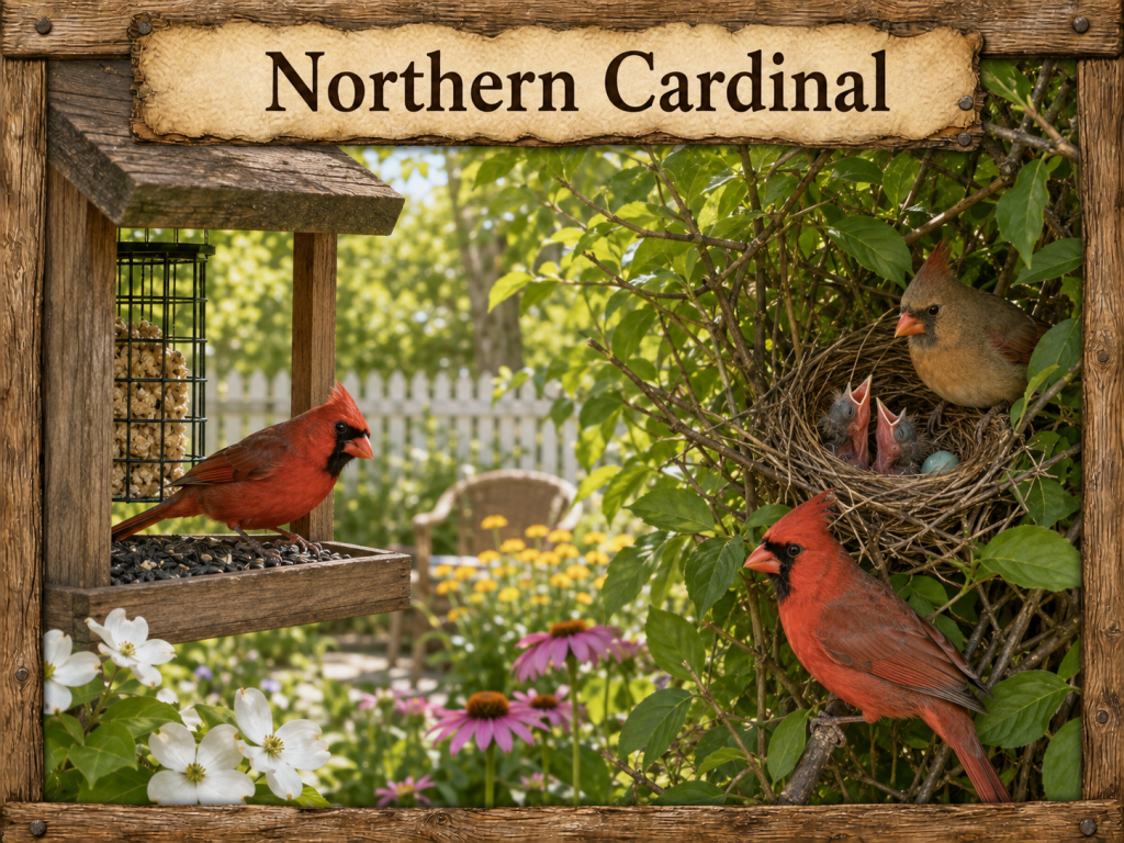 Male and Female Northern Cardinal in a rustic backyard scene with a feeder and an open nest with nestlings