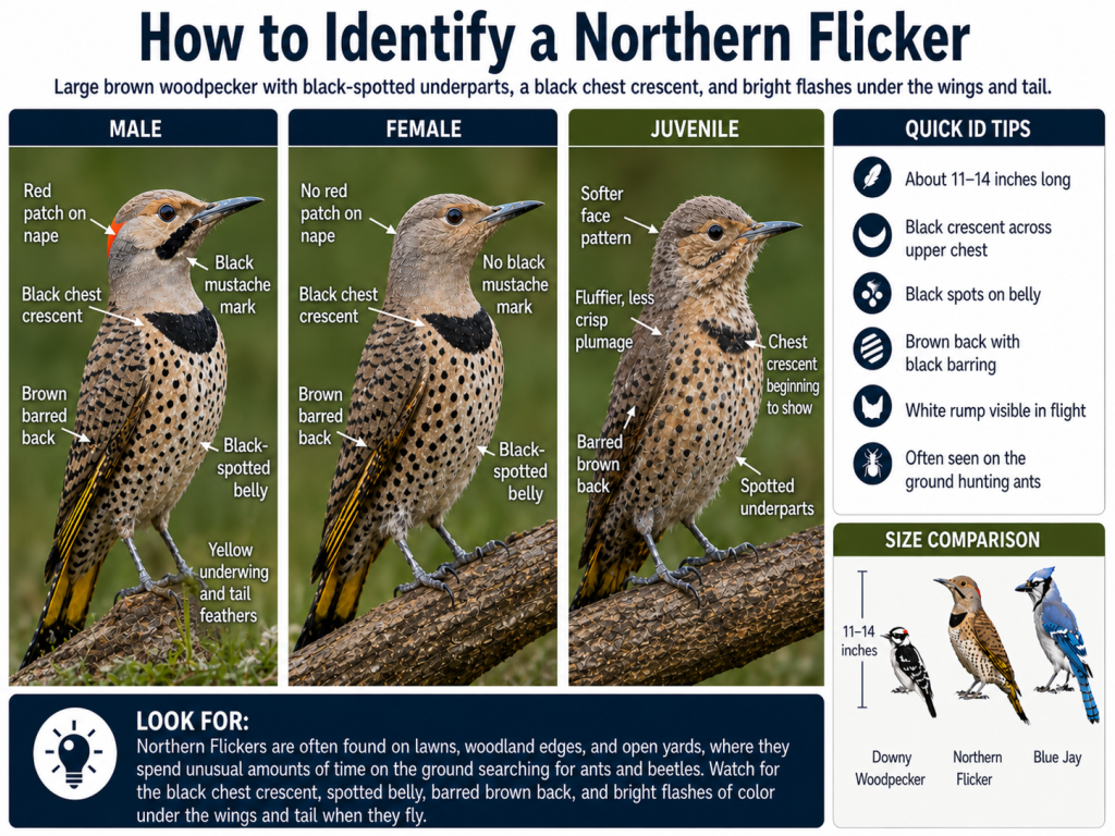 Northern Flicker identification guide showing male female and juvenile birds with field marks including black chest crescent spotted belly barred back yellow underwings and size comparison