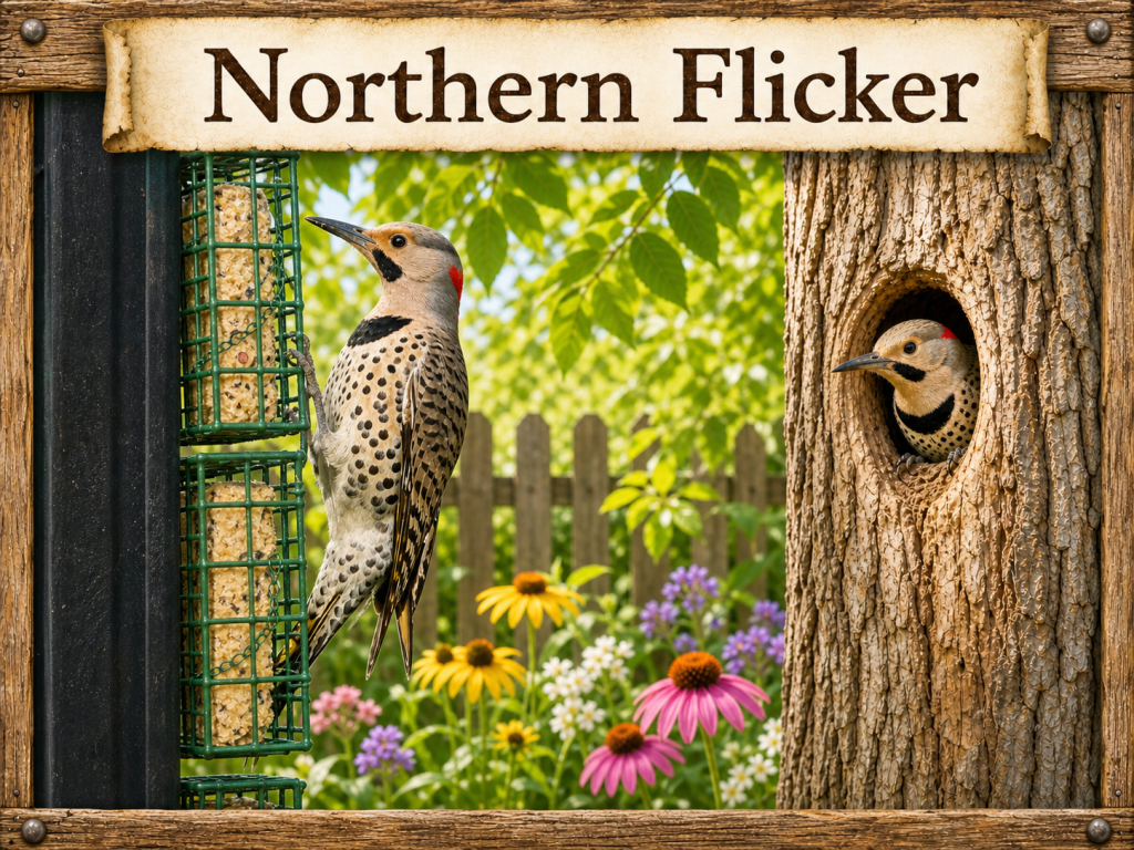 Northern Flicker clinging to a large suet feeder beside a tree cavity nesting example in a bright rustic backyard garden