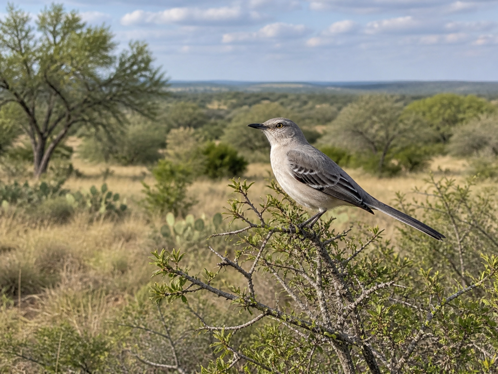 Northern Mockingbird perched on a low shrub in open central Texas scrubland with scattered shrubs, small trees, dry grasses, and distant rolling habitat.