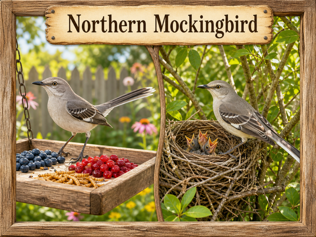 Northern Mockingbird at a backyard feeder with berries and mealworms beside a nesting scene with chicks