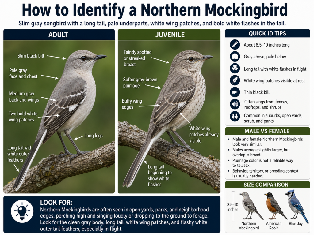 Educational infographic showing how to identify a Northern Mockingbird, with adult and juvenile comparison panels, labeled field marks including gray plumage, white wing patches, long tail, thin black bill, and quick ID tips.