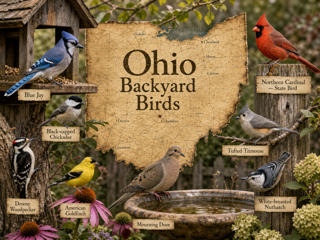 Ohio Backyard Birds illustration with Northern Cardinal, Blue Jay, Black-capped Chickadee, Tufted Titmouse, White-breasted Nuthatch, Mourning Dove, American Goldfinch, and Downy Woodpecker around a parchment-style Ohio map, feeder, and birdbath