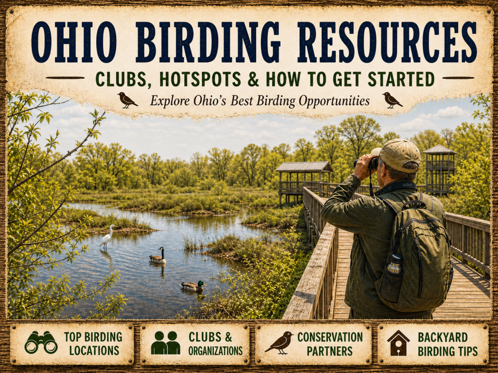 Birder scanning for Warblers with binoculars along the Magee Marsh boardwalk in northwest Ohio during spring migration