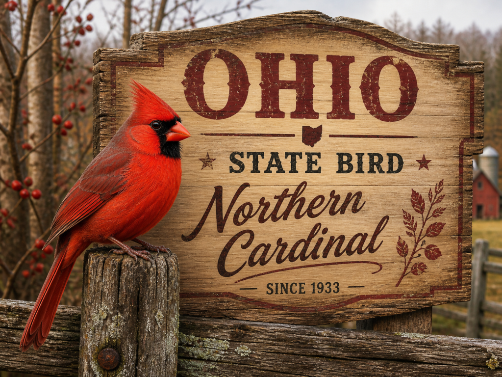 Rustic wooden sign featuring the Northern Cardinal as the Ohio State Bird