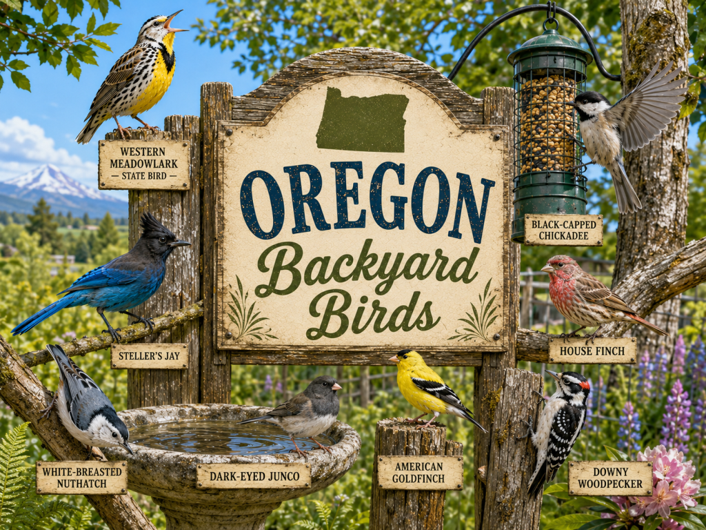 Oregon Backyard Birds rustic wooden sign featuring Western Meadowlark — State Bird, Steller's Jay, Black-Capped Chickadee, White-Breasted Nuthatch, Dark-Eyed Junco, American Goldfinch, House Finch, and Downy Woodpecker in a bright Pacific Northwest backyard setting