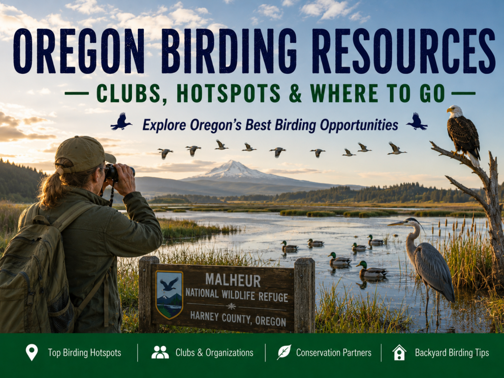 Birder scanning wetlands at Malheur National Wildlife Refuge in Oregon with a Bald Eagle, Great Blue Heron, Mallards, and flying waterfowl with Mount Hood in the distance