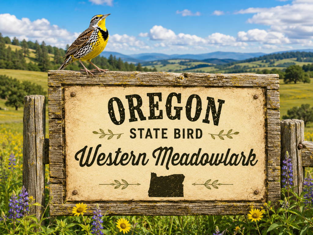 Western Meadowlark perched on a rustic Oregon State Bird sign in a bright open meadow setting