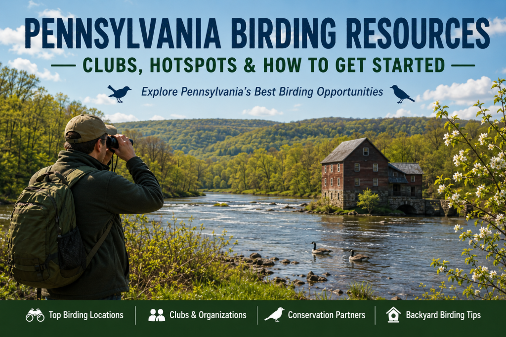 Birder scanning a Pennsylvania river valley with Canada Geese on the water and a historic mill in the background