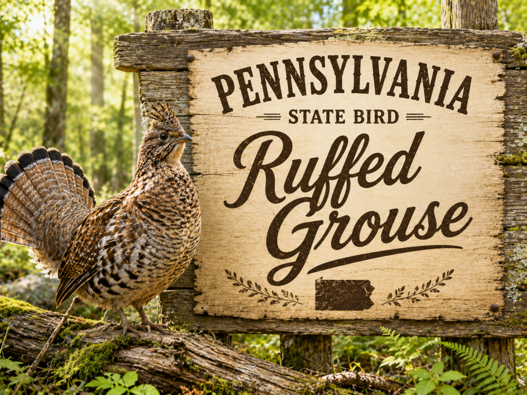Ruffed Grouse standing beside a rustic wooden sign for the Pennsylvania State Bird in a woodland setting