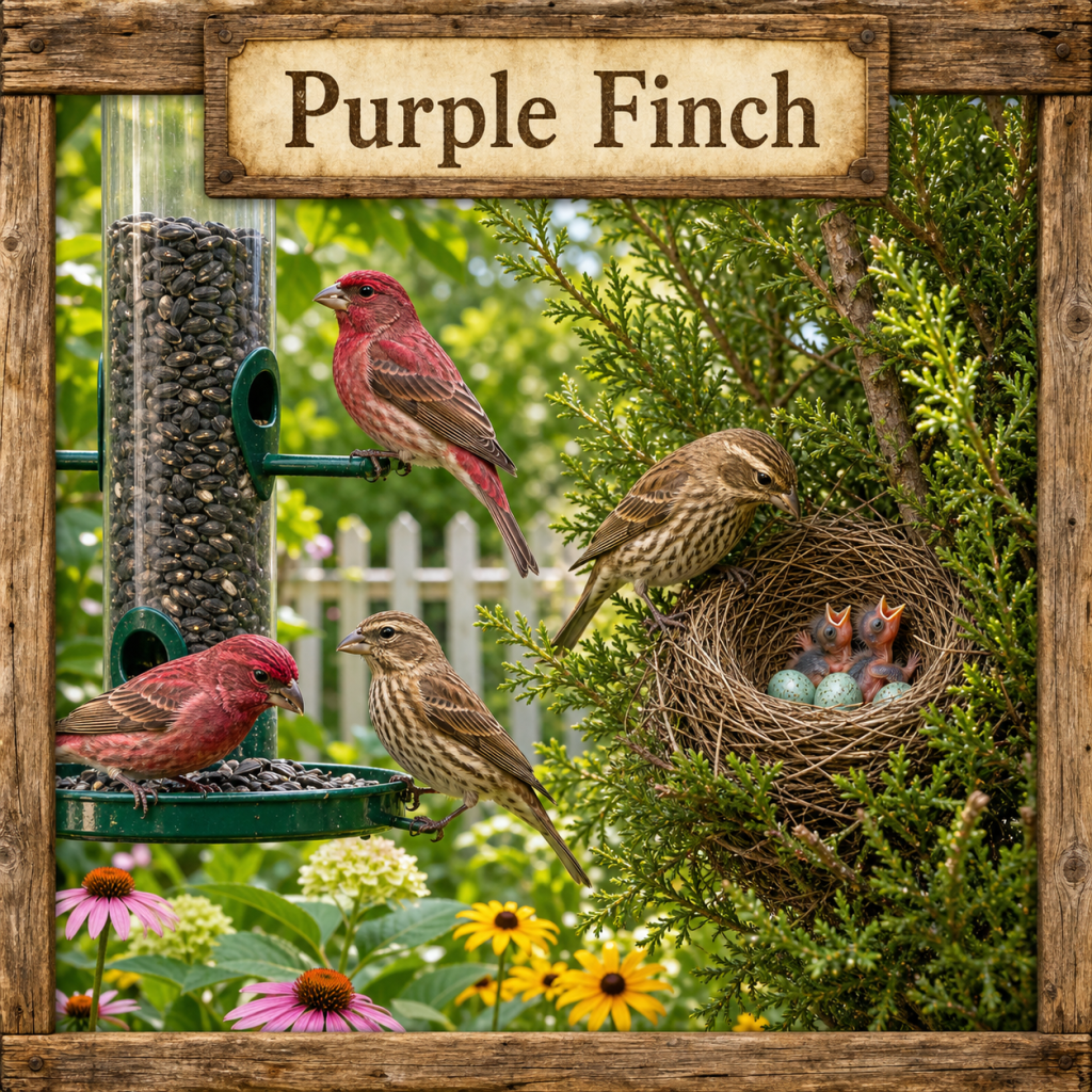 Purple Finches at a backyard tube feeder beside a nesting shrub in a bright rustic garden scene