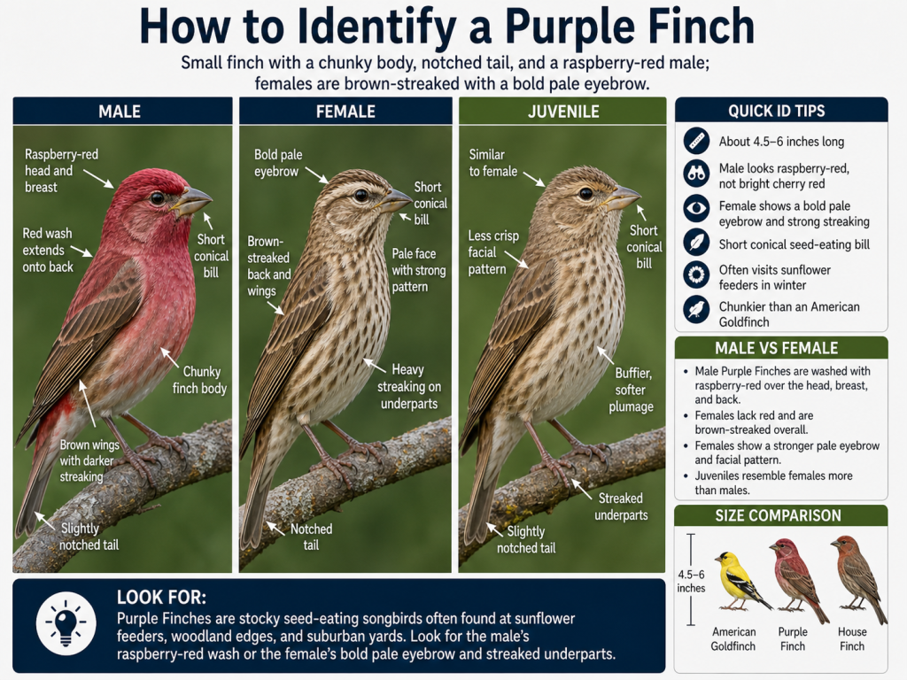 Purple Finch identification guide showing male, female, and juvenile birds with key field marks, quick ID tips, male versus female differences, and size comparison