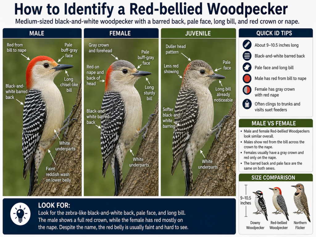 Red-bellied Woodpecker identification guide showing male, female, and juvenile plumage differences