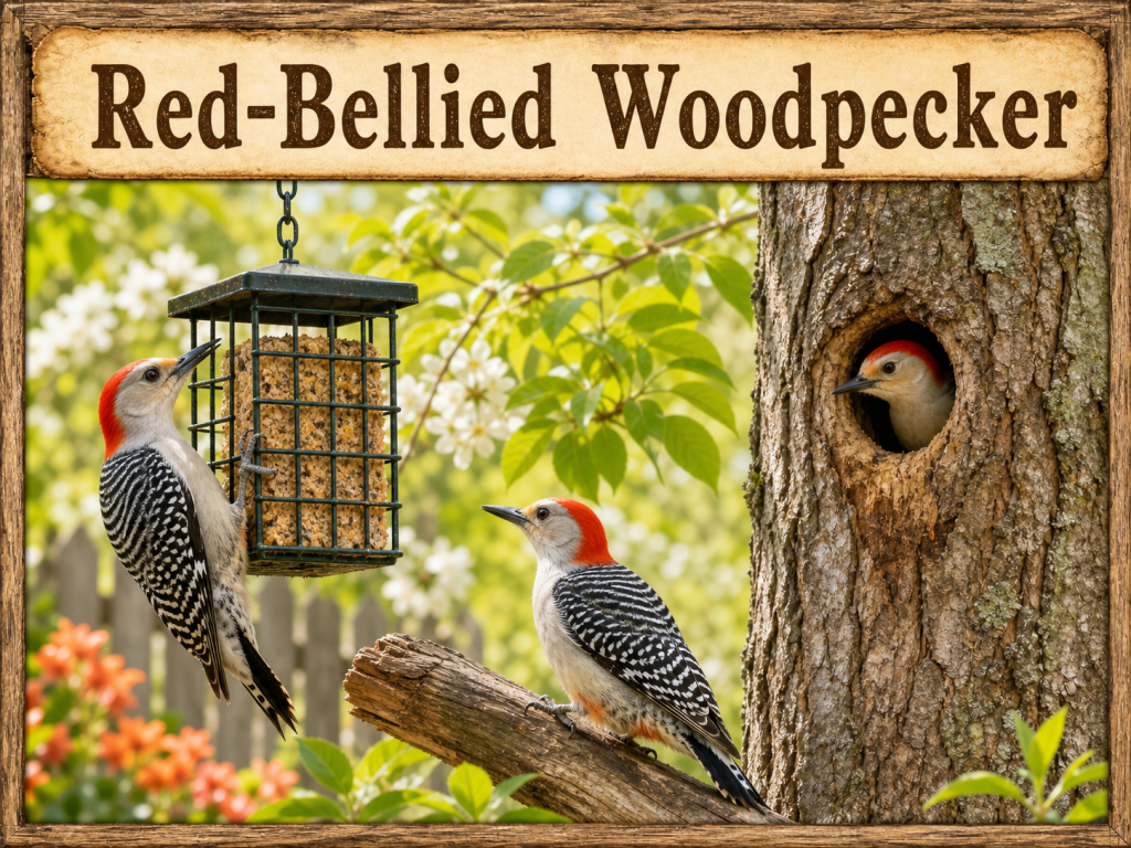 Red-Bellied Woodpeckers in a rustic backyard scene with one bird clinging to a suet feeder and another near a tree cavity nest
