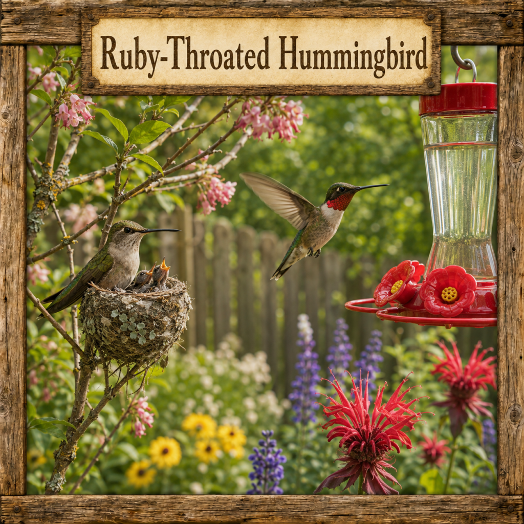 Ruby-Throated Hummingbird hovering near a red nectar feeder while a female tends a nest with young in a flowering backyard garden