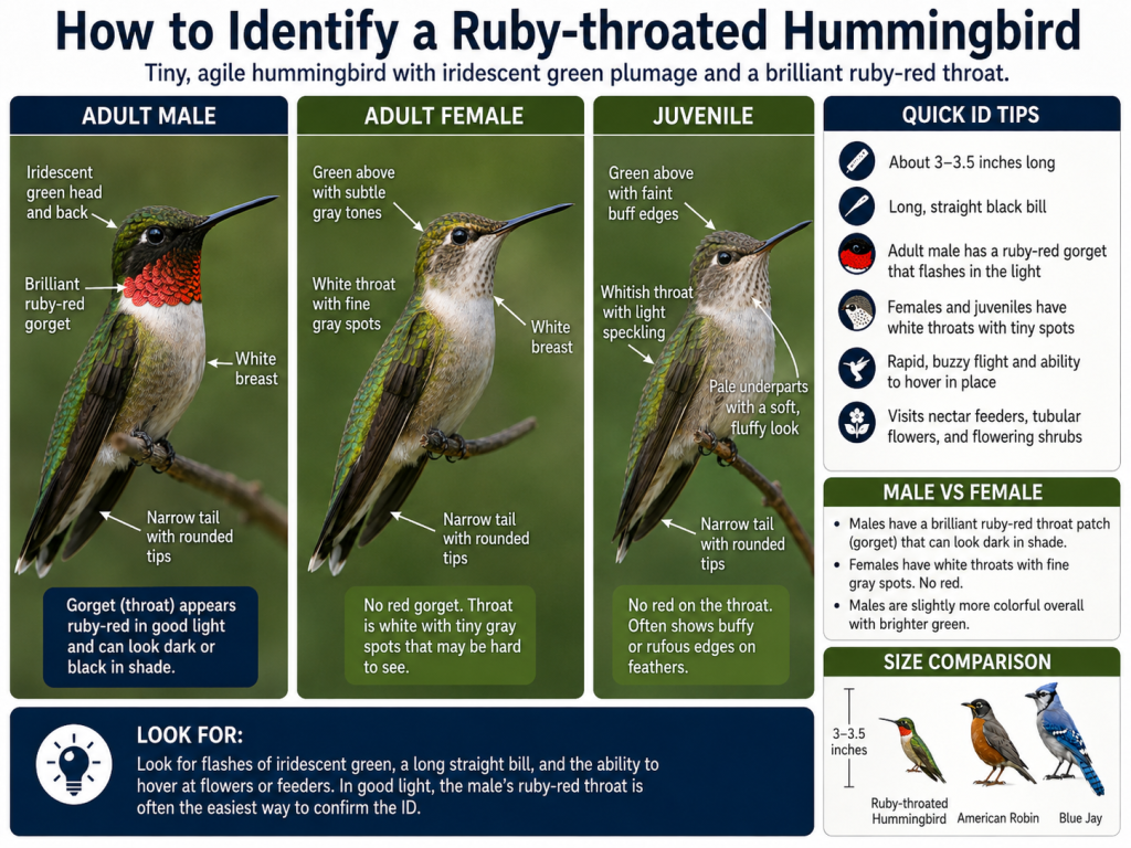 Ruby-Throated Hummingbird identification guide showing Adult Male, Adult Female, and Juvenile plumage, ruby-red throat, iridescent green back, long straight bill, and size comparison