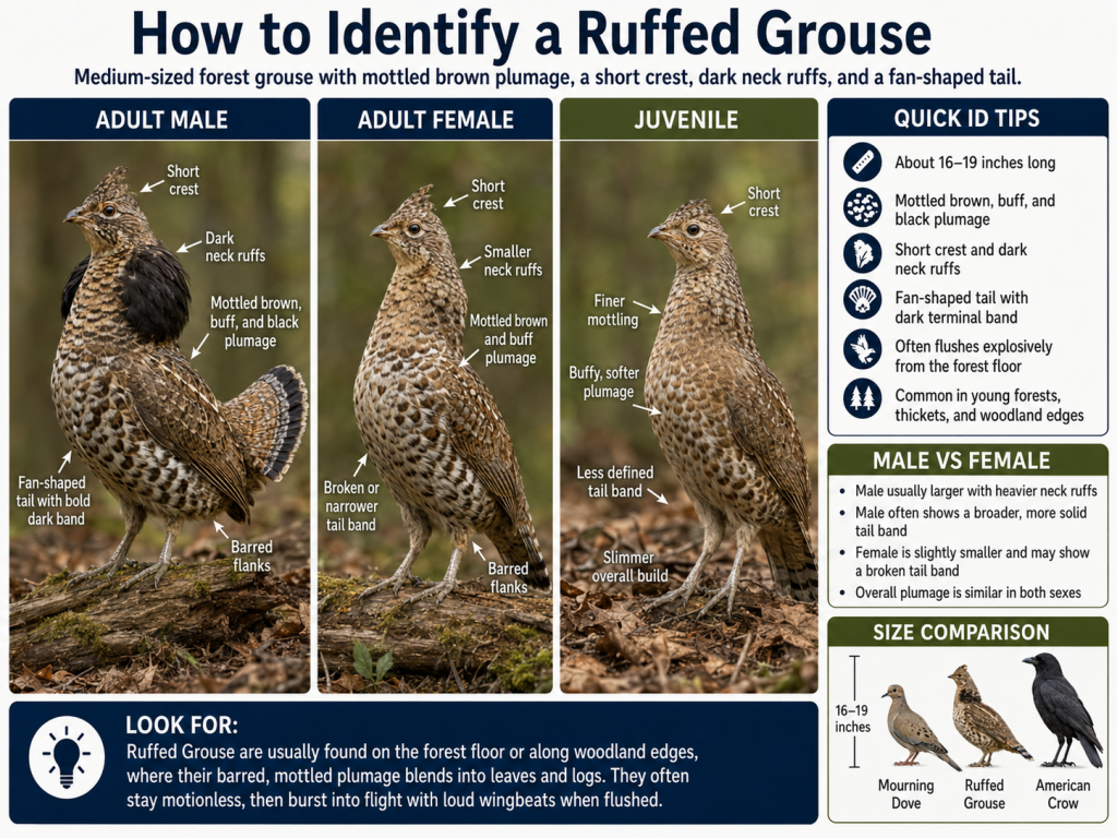 Identification chart for a Ruffed Grouse showing Adult Male, Adult Female, and Juvenile plumages with labeled field marks, quick ID tips, and a size comparison with Mourning Dove and American Crow