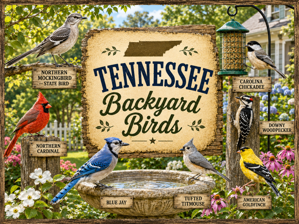 Tennessee Backyard Birds rustic wooden sign with Northern Mockingbird State Bird, Northern Cardinal, Carolina Chickadee, Blue Jay, Tufted Titmouse, Downy Woodpecker, and American Goldfinch in a bright backyard setting