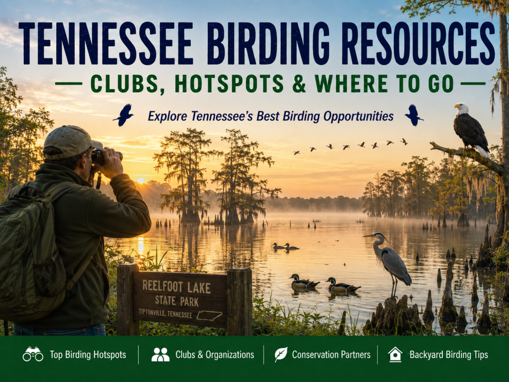 Birder scanning Reelfoot Lake in West Tennessee at sunrise with a Bald Eagle, Great Blue Heron, Wood Ducks, and flying waterfowl over the cypress swamp
