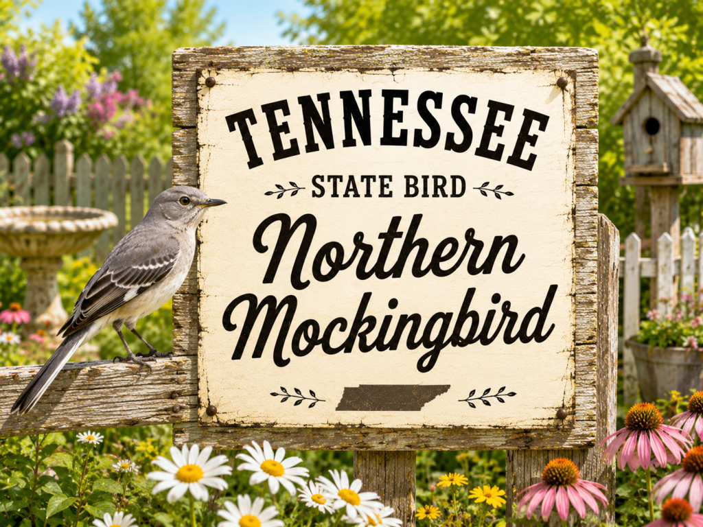 Northern Mockingbird perched beside a rustic Tennessee State Bird sign in a bright garden setting