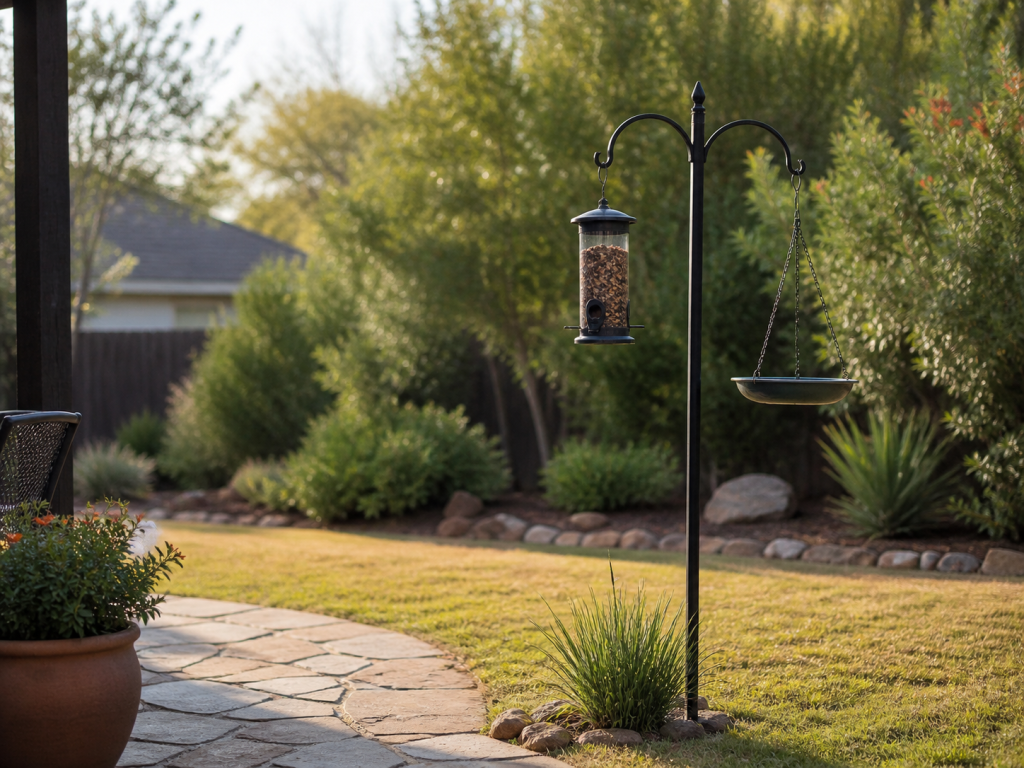 Bird feeder station in a Texas backyard with a hanging seed feeder, shallow birdbath, lawn, patio edge, and shrubs about 10 to 15 feet away for nearby cover.