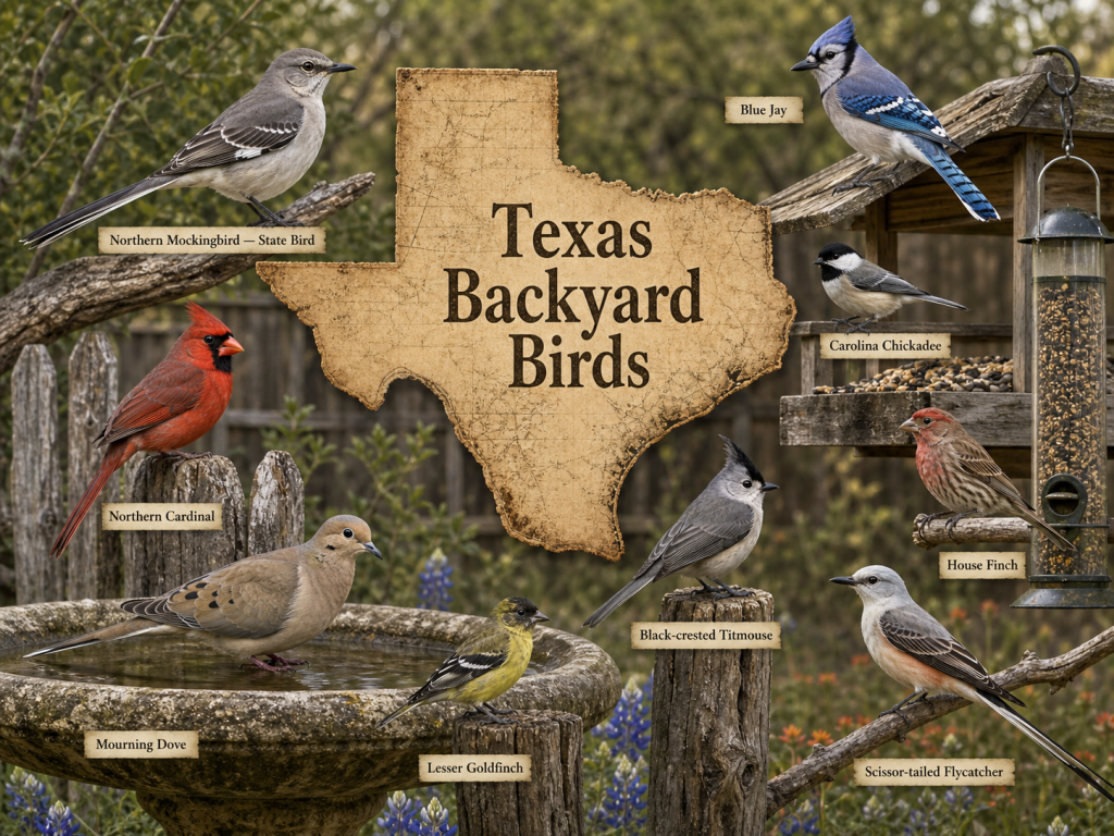 Rustic Texas backyard birds hero image with Northern Mockingbird state bird, Northern Cardinal, Blue Jay, Carolina Chickadee, House Finch, Mourning Dove, Lesser Goldfinch, Black-crested Titmouse, and Scissor-tailed Flycatcher around a parchment map