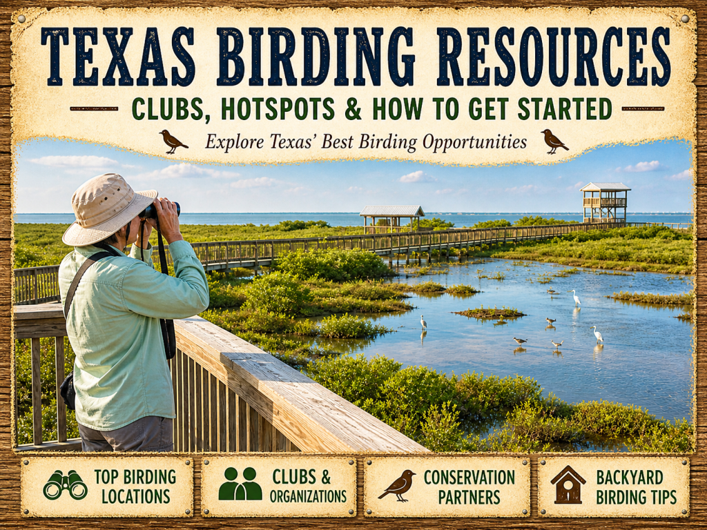 Birder using binoculars from a wooden boardwalk overlooking coastal wetlands and shorebirds at South Padre Island Birding and Nature Center in Texas.