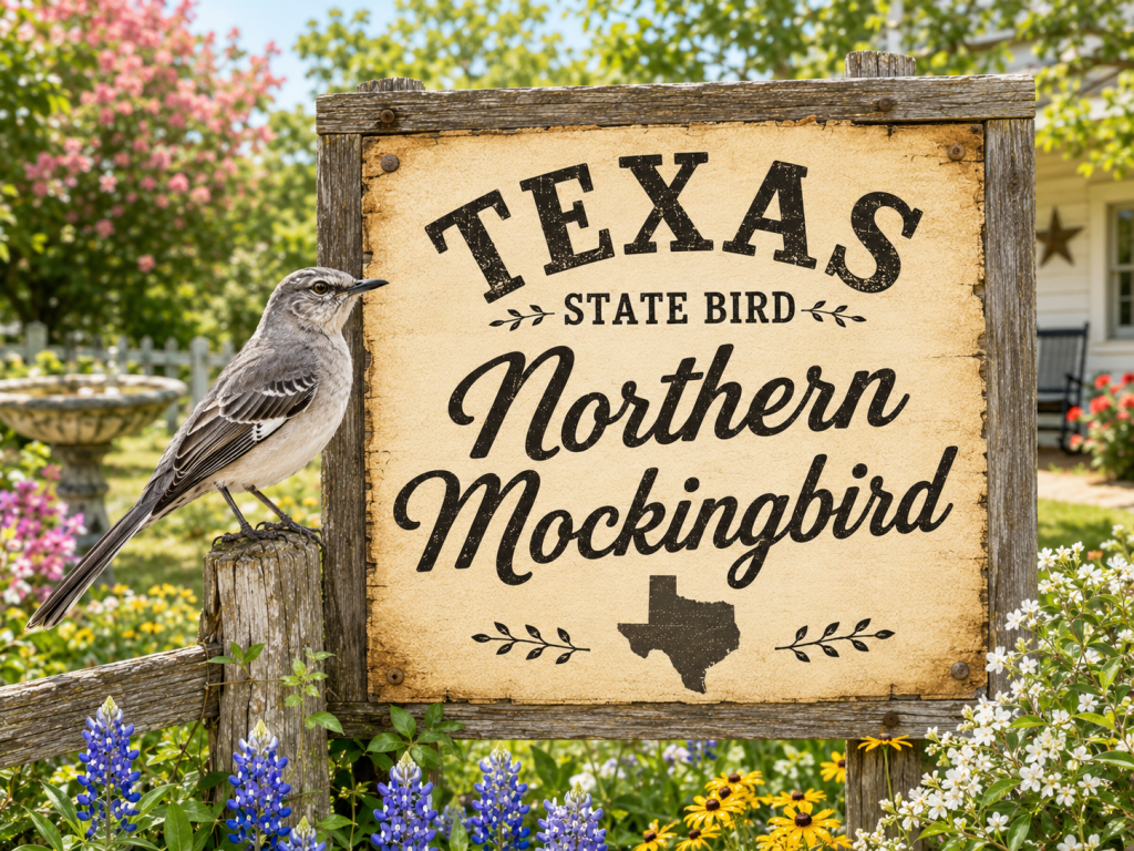Northern Mockingbird perched beside a rustic Texas State Bird sign in a bright garden setting