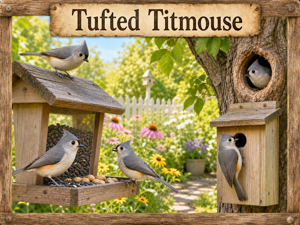 Rustic Birdbrella-style image of a Tufted Titmouse at a backyard feeder with a nesting example in a bright garden setting