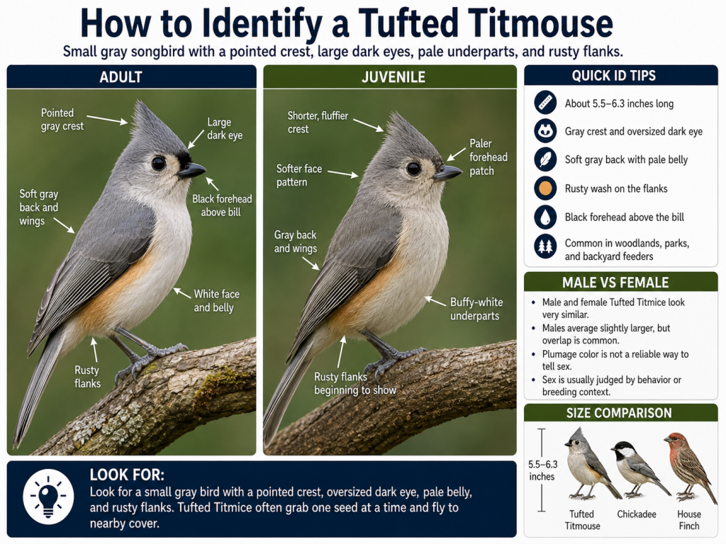 Tufted Titmouse identification guide showing adult and juvenile birds with key field marks, quick ID tips, male versus female similarities, and size comparison