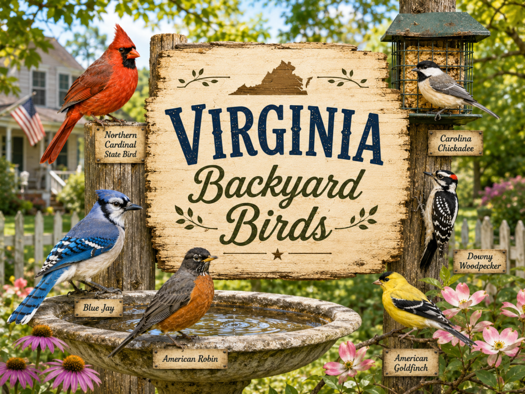 Rustic Virginia Backyard Birds sign with Northern Cardinal, Carolina Chickadee, Blue Jay, American Robin, American Goldfinch, and Downy Woodpecker around a backyard feeder and birdbath
