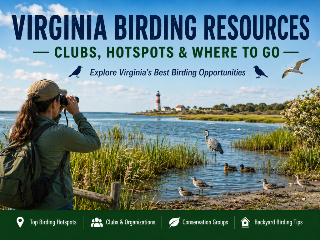 Birder scanning a coastal marsh at Chincoteague National Wildlife Refuge in Virginia with a Great Blue Heron, ducks, and shorebirds visible near the water