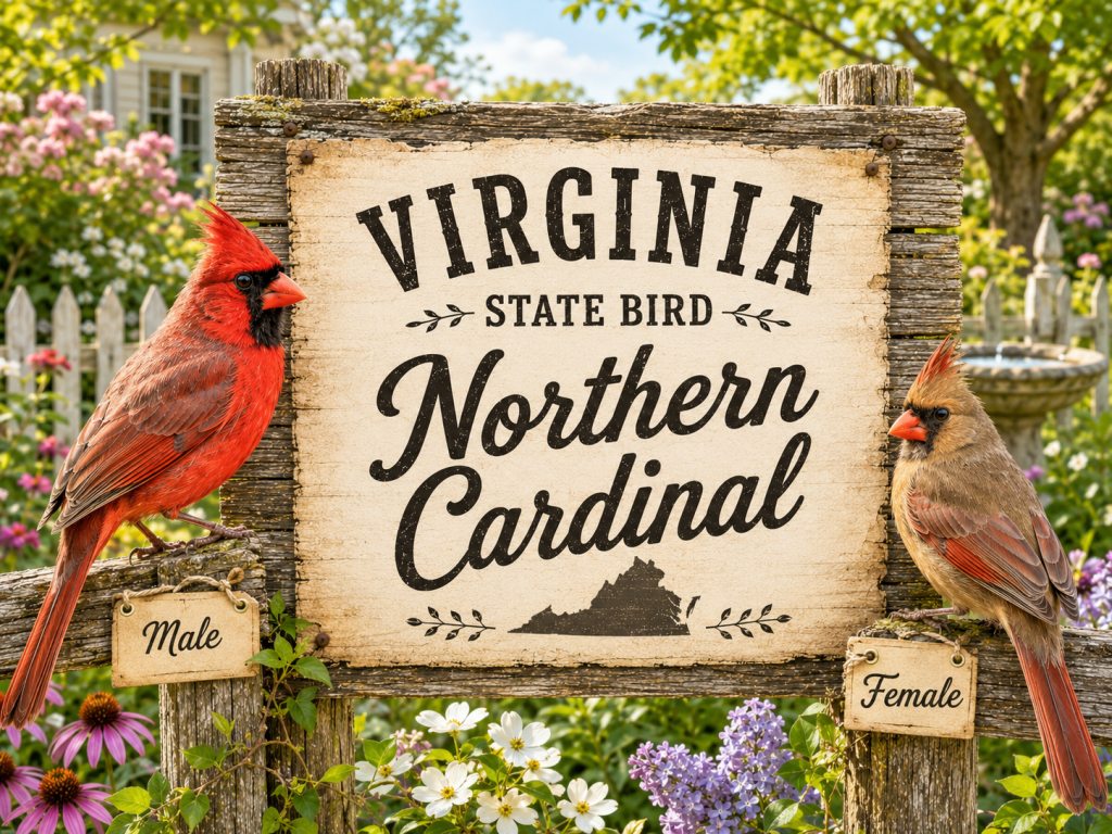 Male and Female Northern Cardinals perched beside a rustic Virginia State Bird sign in a bright backyard garden