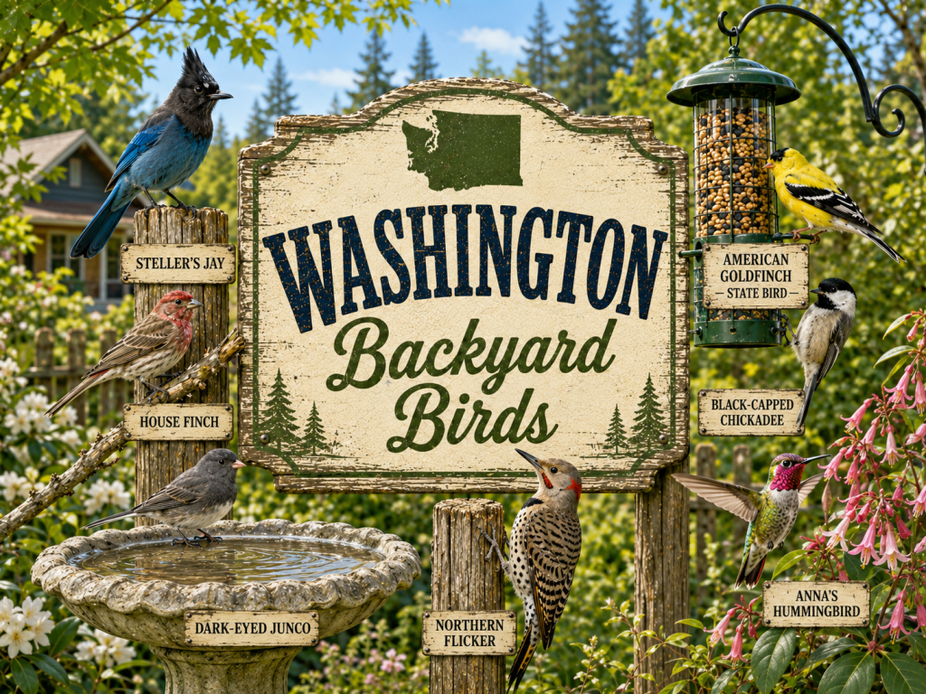 Washington Backyard Birds rustic wooden sign featuring American Goldfinch — State Bird, Steller’s Jay, Black-Capped Chickadee, House Finch, Dark-Eyed Junco, Northern Flicker, and Anna’s Hummingbird in a bright Pacific Northwest backyard setting