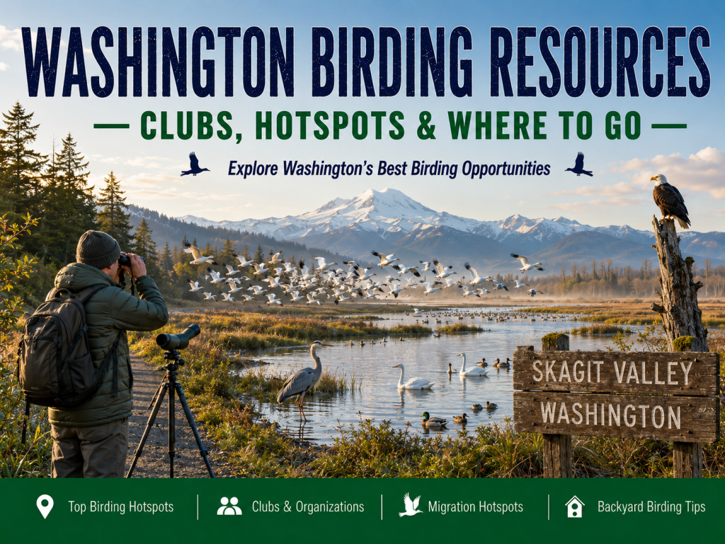 Birder watching Snow Geese, Bald Eagle, Great Blue Heron, Trumpeter Swans, and ducks in Washington’s Skagit Valley