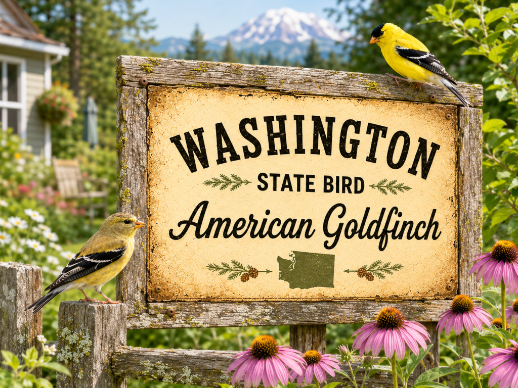 Male and Female American Goldfinches beside a rustic wooden sign reading “Washington State Bird” in a bright garden setting