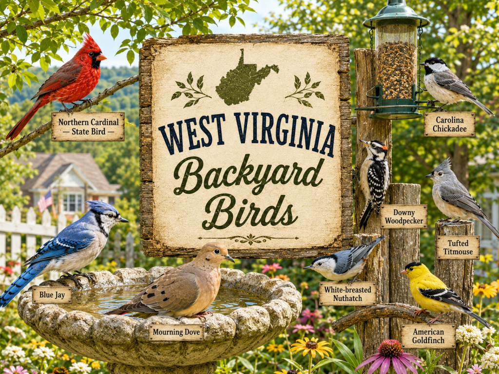 West Virginia Backyard Birds rustic wooden sign featuring Northern Cardinal — State Bird, Carolina Chickadee, Blue Jay, Tufted Titmouse, Downy Woodpecker, American Goldfinch, Mourning Dove, and White-Breasted Nuthatch in a bright Appalachian backyard garden
