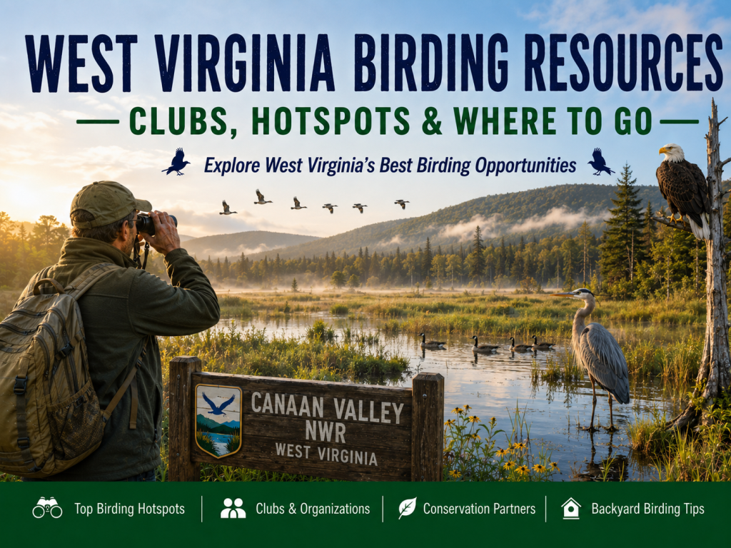 Birder scanning a mountain wetland at Canaan Valley National Wildlife Refuge in West Virginia with a Bald Eagle, Great Blue Heron, Canada Geese, and flying waterfowl