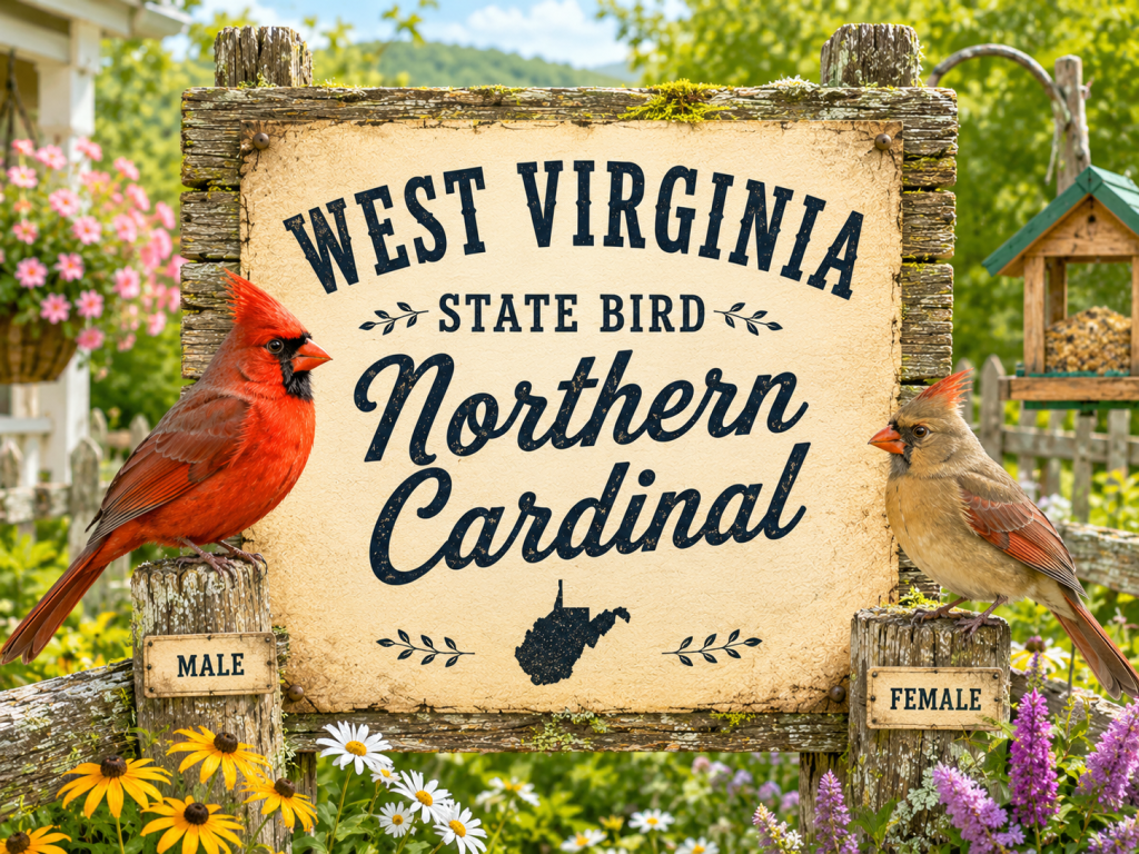 Male and Female Northern Cardinal perched beside a rustic West Virginia State Bird wooden sign in a bright backyard garden