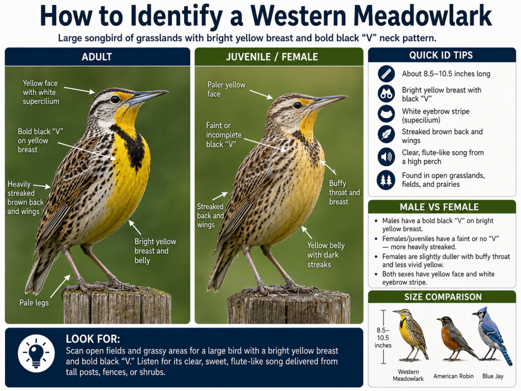 Western Meadowlark identification guide showing adult and juvenile plumage, yellow breast, black V marking, white eyebrow stripe, and size comparison