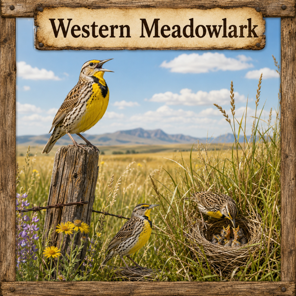 Western Meadowlark singing from a fence post in a sunny prairie with another Western Meadowlark near a grass nest