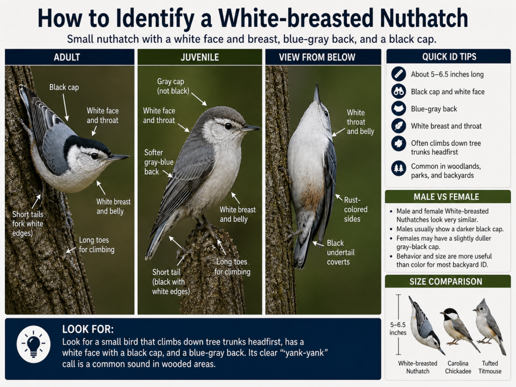 White-Breasted Nuthatch identification guide showing adult, juvenile, underside view, male versus female tips, and size comparison