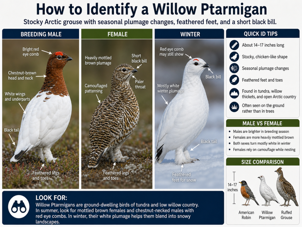 Identification guide showing Breeding Male Willow Ptarmigan, Female Willow Ptarmigan, and Winter Willow Ptarmigan with field marks, quick ID tips, and size comparison