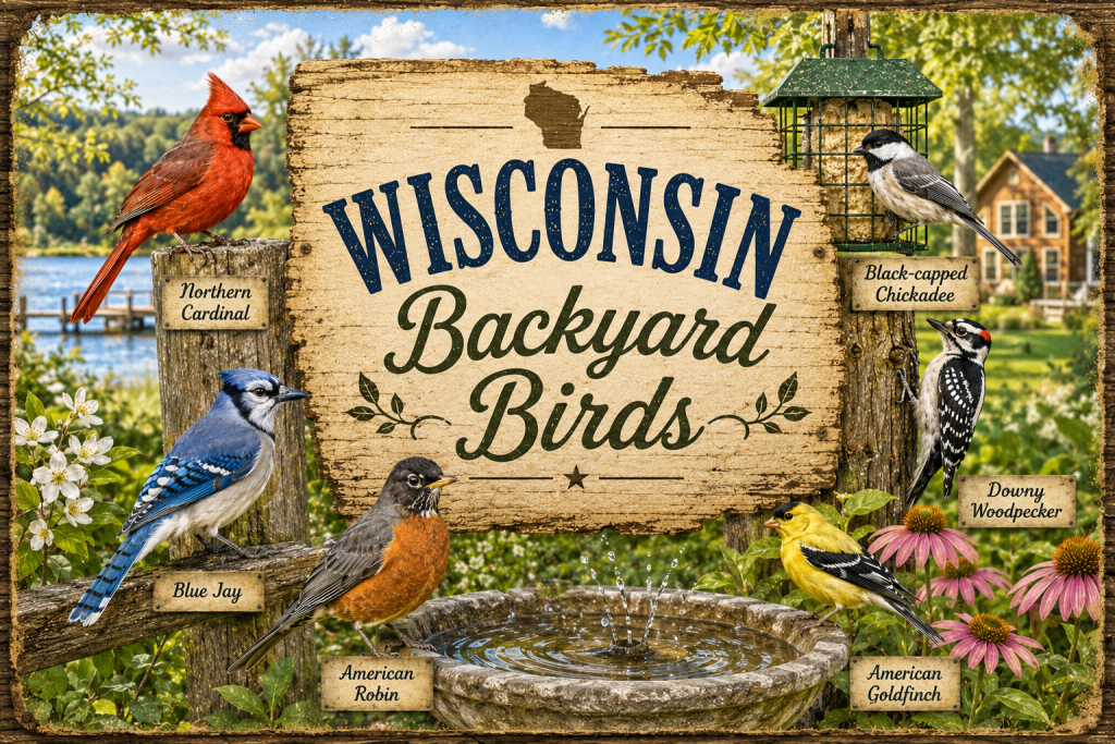 Rustic Wisconsin Backyard Birds sign surrounded by common birds including Northern Cardinal, Black-capped Chickadee, Blue Jay, American Robin, American Goldfinch, and Downy Woodpecker