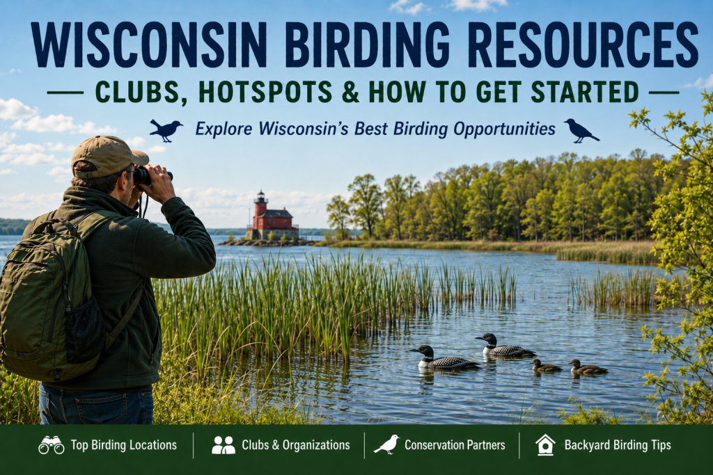 Birder scanning a Wisconsin wetland marsh with Common Loons and young birds on the water