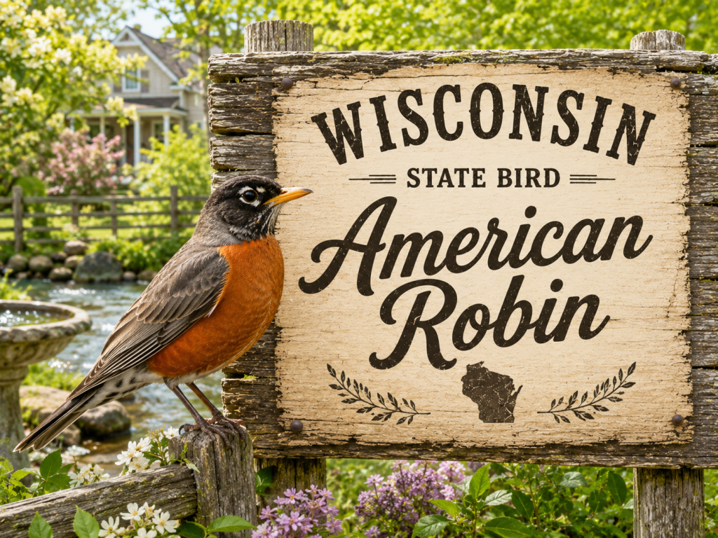 American Robin perched beside a rustic wooden sign for the Wisconsin State Bird in a bright backyard garden setting