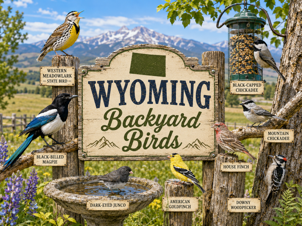 Wyoming Backyard Birds rustic wooden sign featuring Western Meadowlark — State Bird, Black-Billed Magpie, Black-Capped Chickadee, Mountain Chickadee, Dark-Eyed Junco, American Goldfinch, House Finch, and Downy Woodpecker in a bright mountain backyard setting